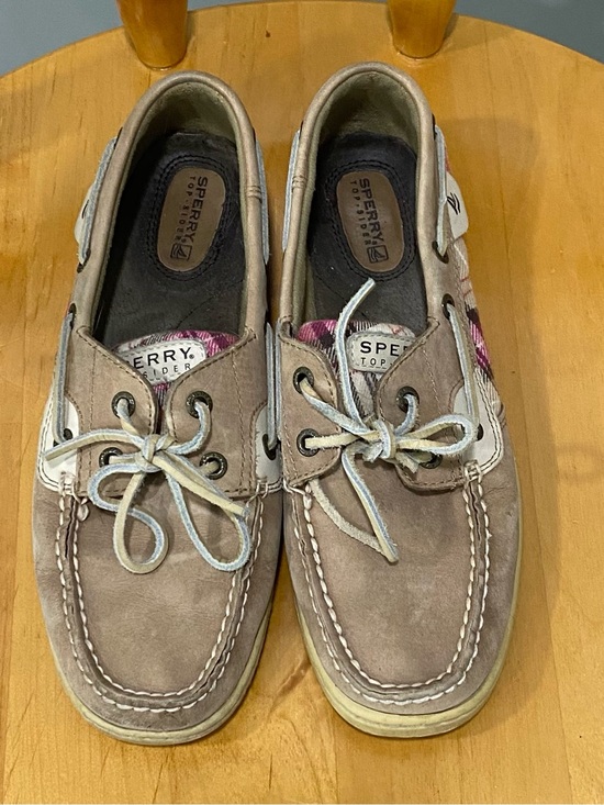 Sperry Shoes - Sperry women’s  Taupe Suede Boat Shoes with White Accents size 8M